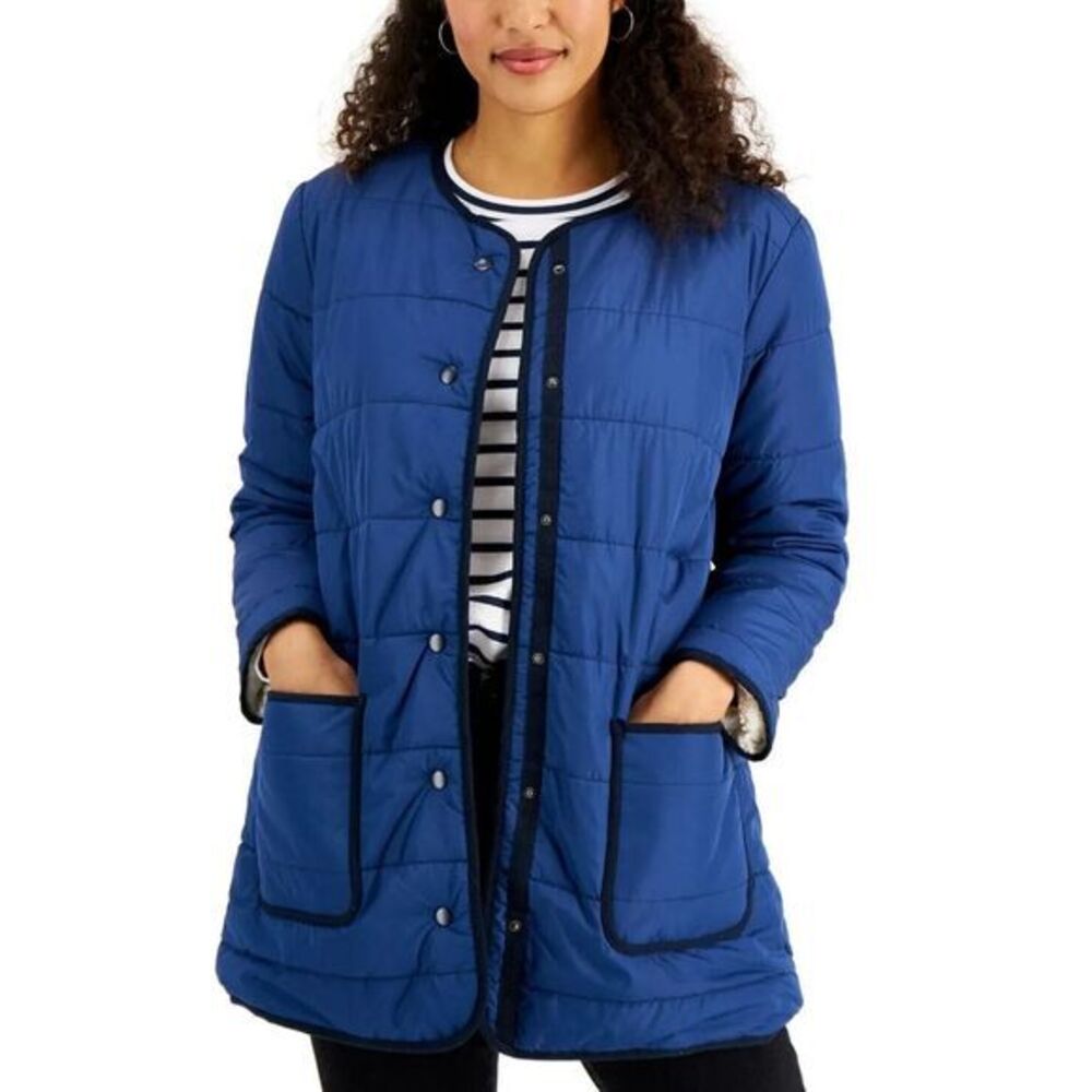 Style & Co Quilted Puffer Jacket Womens Blue Faux Shearling Lined Snap Front